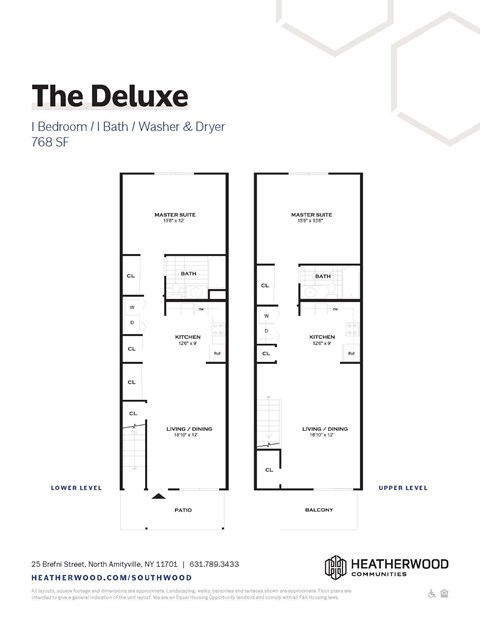 A floor plan for a 768 square foot home with a master suite and a living room/dining room.